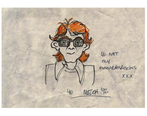 A felt-tip caricature drawn by  fellow design student, Meredith Collinson, in june, 1992 // And a contemporary photo of me outside 'Heaven', a.k.a The Film Theatre underneath the Ipswich Corn Exchange