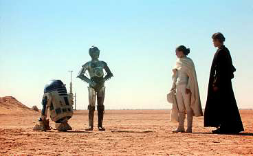 Anakin, Padmé, and the droids leave Tatooine