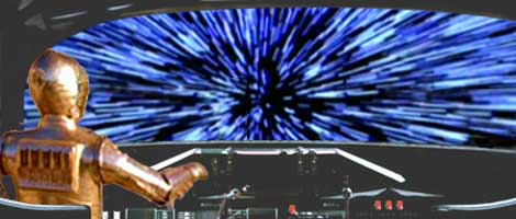 Threepio accelerates the Galactic Alliance shuttle to lightspeed and into hyperspace.
