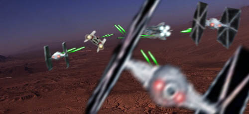 TIE fighters pursue two Jedi craft !