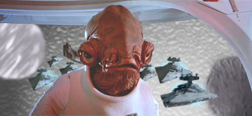 Admiral Ackbar reacts to the six Star Destroyers rising up from Kessel's surface !