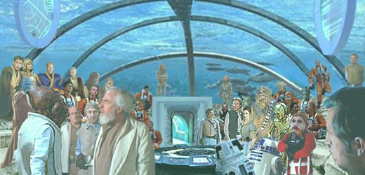 As the generals discuss, and Luke, Alana, and the other Jedi look on, Leia and the droids prepare their presentation ; image created by Nat.