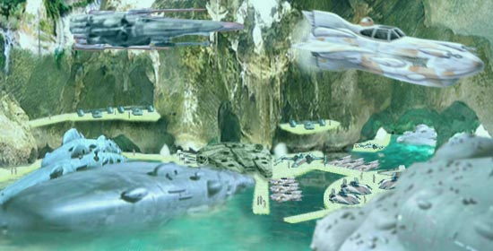 Leia leads Luke into the massive cave complex that is Aquliae Base.