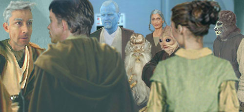 Artwork by Nat : Jedi Elder Dree Tan introduces the recently-arrived Jedi Masters to Luke and Leia.