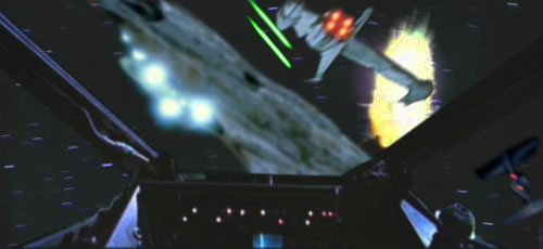 A B-Wing fighter defends Wedge, but soon picks up his own enemy fighter on his tail !