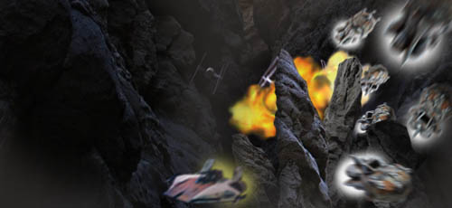 As Devil Squadron fly tight to the canyon wall, two lead TIE fighters smash into rocky pillars !