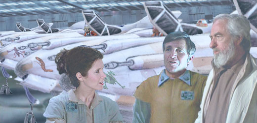 In this image by Nat, Leia Solo presents her Devil Group of Jedi pilots to the generals Rieekan and Dodonna.