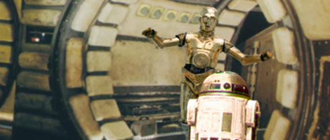 Threepio and Artoo in the ring corridor of the Falcon, near the main entrance hatch. Artwork by Nat.