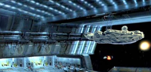 The Millennium Falcon limps back into the hangar bay of the Home One starcruiser.