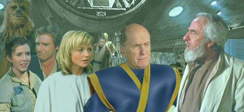General Dodonna greets King Oxus and Alana Seren, as they disembark from the Falcon.