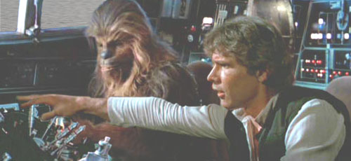 Han spots the pursuing TIEs, and Chewie suggests heading for the Bungle Range !