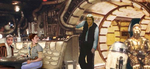 Han alerts the others that the Falcon is about to arrive at Townowi, artwork by Nat.