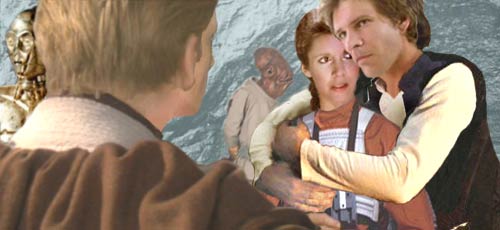 In this artwork by Nat, Han embraces his wife, and he and Leia update Luke with news from Coruscant.