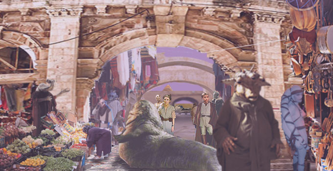 Luke, Leia, and Threepio leave the Falcon in the hangar bay and walk through the busy market streets of Ophuchi. Illustrated by Nat.