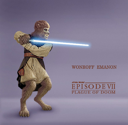 Wonroff Emanon, shistaveenan canis master Jedi. Promotional artwork by Scott.