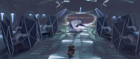 Jedi Master Skywalker runs into a Palace hangar bay and sees Darth Kayos' ship rise and turn.