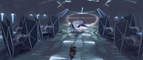 Luke pursues Darth Kayos to a hangar bay, but is too late, and her ship departs...