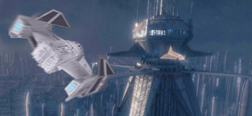Illustrated by Nat, Darth Kayos' ship vectors towards the shuttle hangar bay in the Imperial Sur-Con Medi-Centre tower.