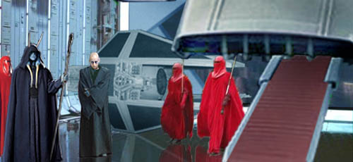 In this detailed image by Nat, the Emperor Mas Amedda - Sith Lord Darth Monstross - greets his warrior, who clutches her amputated arm to herself. Red-robed Royal Guards move in to flank them as they proceed into the complex, while heavy blast doors ponderously close behind them.