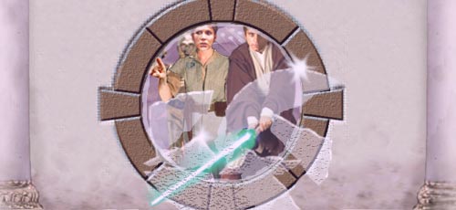 In this dynamic picture by Nat, Leia indicates the direction for the Falcon as Luke makes good their escape from the Hutt bath house !