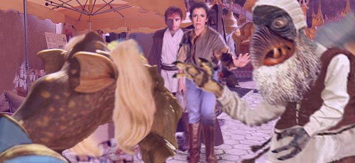 In this artwork created by Nat, Leia steps up and successfully attempts a mind-control over the Dug vendor.