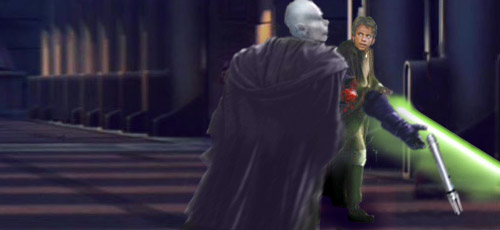 In this image by Nat, Luke Skywalker sweeps his lightsabre around and slices off Darth Kayos' sword arm !