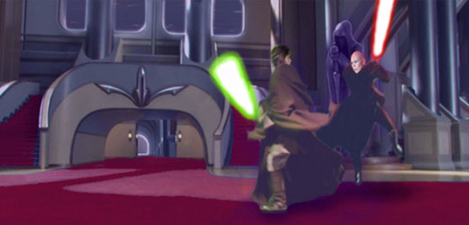 Illustrated by Nat, Luke Skywalker and Darth Kayos duel ferociously deep within the red-carpeted corridors of the Imperial Palace, once the former Jedi Temple.