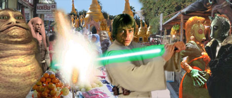 Artwork by Nat : Master Luke Skywalker deflects a laser bolt in a Nal Hutta street market.