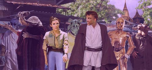 Artwork by Nat : Leia, Luke, and Threepio hurry back to the Falcon.