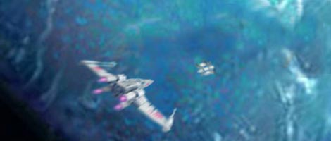 The two shrinking starships become dwarfed by the brilliant ocean-covered world of Mon Calamar.