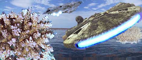 Artwork by Nat : The Millennium Falcon returns to Mon Calamar, as a huge starcruiser ascends orbit.