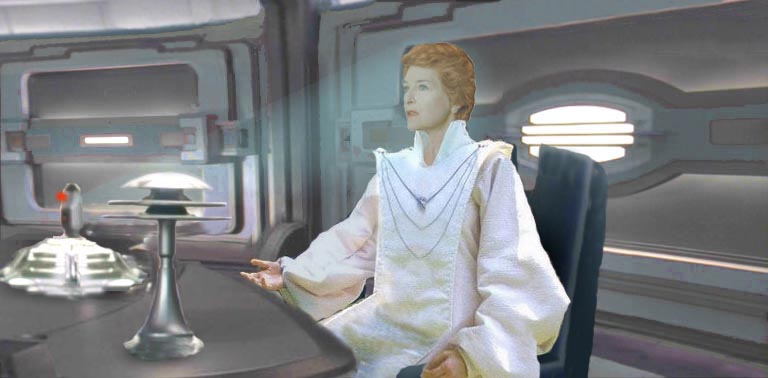 In this illustration by Nat, Mon Mothma reveals to Coruscant and to the galaxy at large the audacious plans of the incumbent Second Emperor, Mas Amedda.