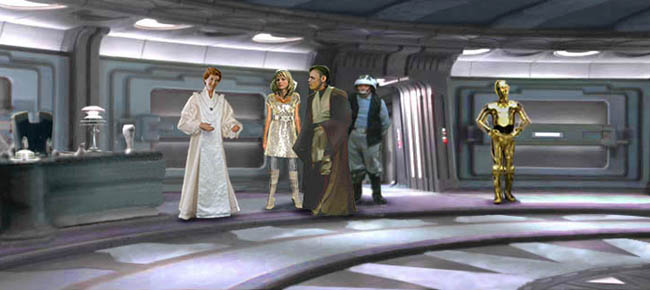 Mon Mothma welcomes Luke, Alana, and Threepio to her office quarters underneath the disused Senate Rotunda, in this image by Nat.