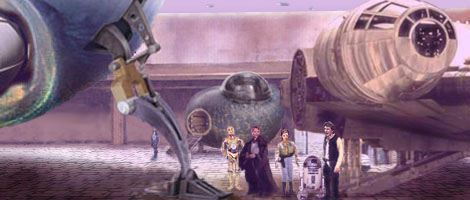 Artwork by Nat & Scott : Han and Artoo wish Luke, Leia, and 3PO luck and the Force be with them as they leave to seek an audience with Barrola the Great.