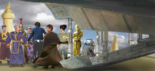 King Oxus greets Han and the others as they disembark the Falcon. Artwork by Nat.