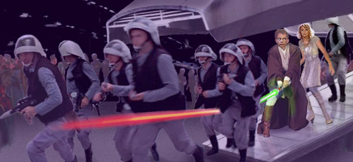 A dramatic illustration by Nat, showing a squad of Galactic Alliance marshalls running out of the lambda shuttle, closely followed by Luke and Alana...