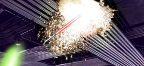 Kayos' lightsabre smashes into some ceiling conduits in a great shower of sparks !