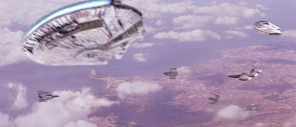 The Millennium Falcon soars into Nal Hutta's lavender skies above the capital city of Ophuchi. Artwork by Scott.