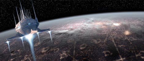 The Sith Command Ship blasts away from Coruscant and into hyperspace ! Artwork by Scott.