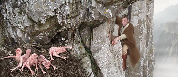 As Luke climbs he disturbs a nest of hawk-bats below the Hutt castle tower. Artwork by Scott.