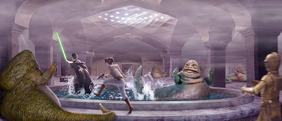 A superb pic by Scott of Luke, Leia, and 3PO rushing through the Hutt bathhouse to the chagrin of its patrons !