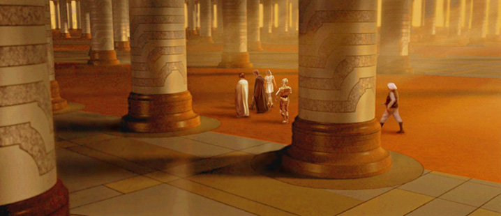 A grand image by Scott, showing Mon Mothma leading Luke and Alana into the deserted Imperial Senate rotunda.