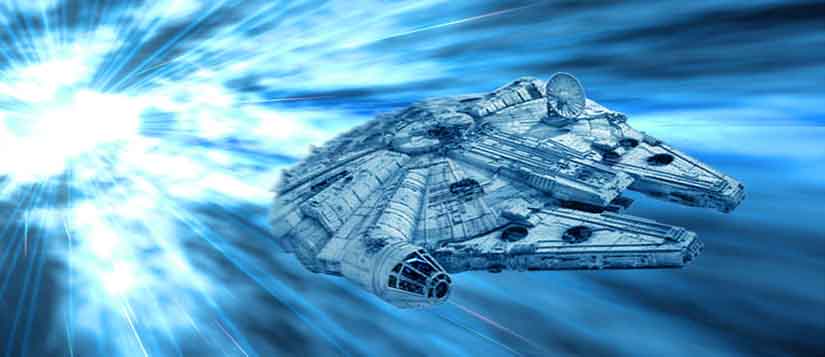 Captain Han Solo's starship 'The Millennium Falcon' races through hyperspace. Artwork by Scott.