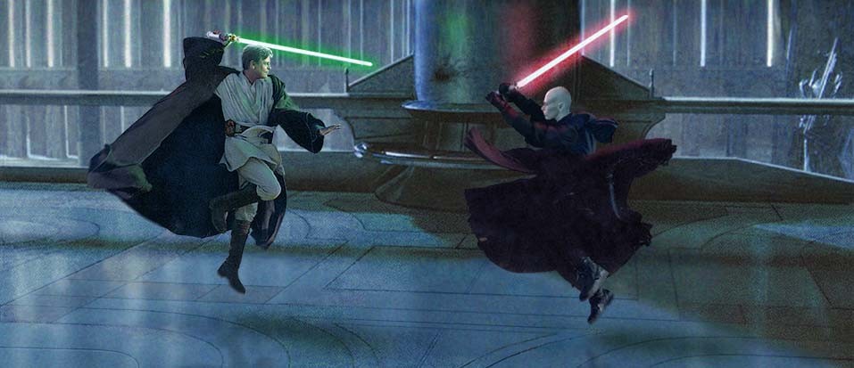 A superbly dynamic shot of Luke duelling Darth Kayos in the Imperial Palace on Coruscant. Artwork created by Scott.