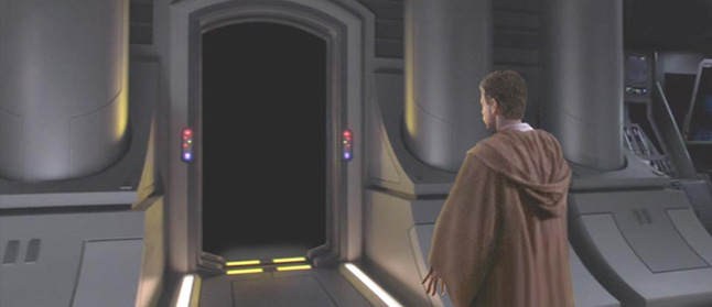 Luke proceeds cautiously towards a dark doorway deep within the Imperial Palace. Artwork by Scott.