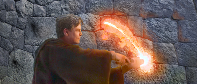 Master Luke Skywalker uses his lightsabre to cut into a stone tower. Artwork by Scott.