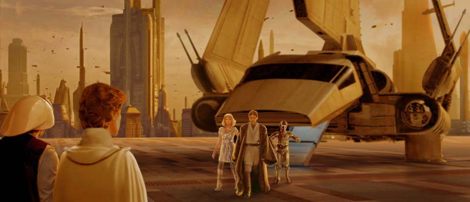 Disembarking from a lambda shuttle, Luke, Alana and Threepio are greeted by Mon Mothma. Artwork by Scott.