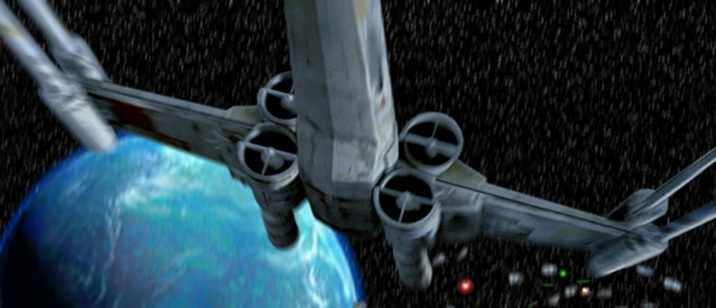 The X-Wing loops up and back towards Mon Calamar, artwork by Scott.