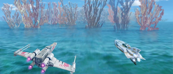 The two fighters swoop down, skimming the planets calm blue surface. A reef of towering, other-worldly CORAL looms high out of the water ahead of them.