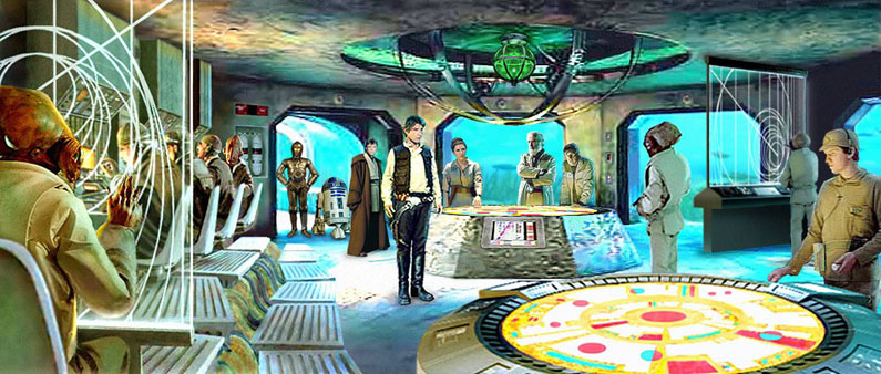 Han, Leia, Luke, and the droids learn some disturbing news on the Mon Cal coral island Aquilae. Artwork by Scott.